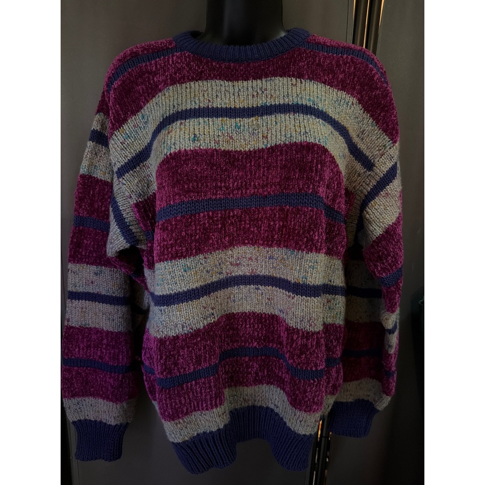 Vintage Phil-Yang Striped Chenille Knit Sweater Magenta Purple Confetti Mens M